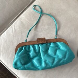 Sondra Roberts Turquoise Quilted & Wood Purse Puffer Clutch Shoulder Bag VIntage